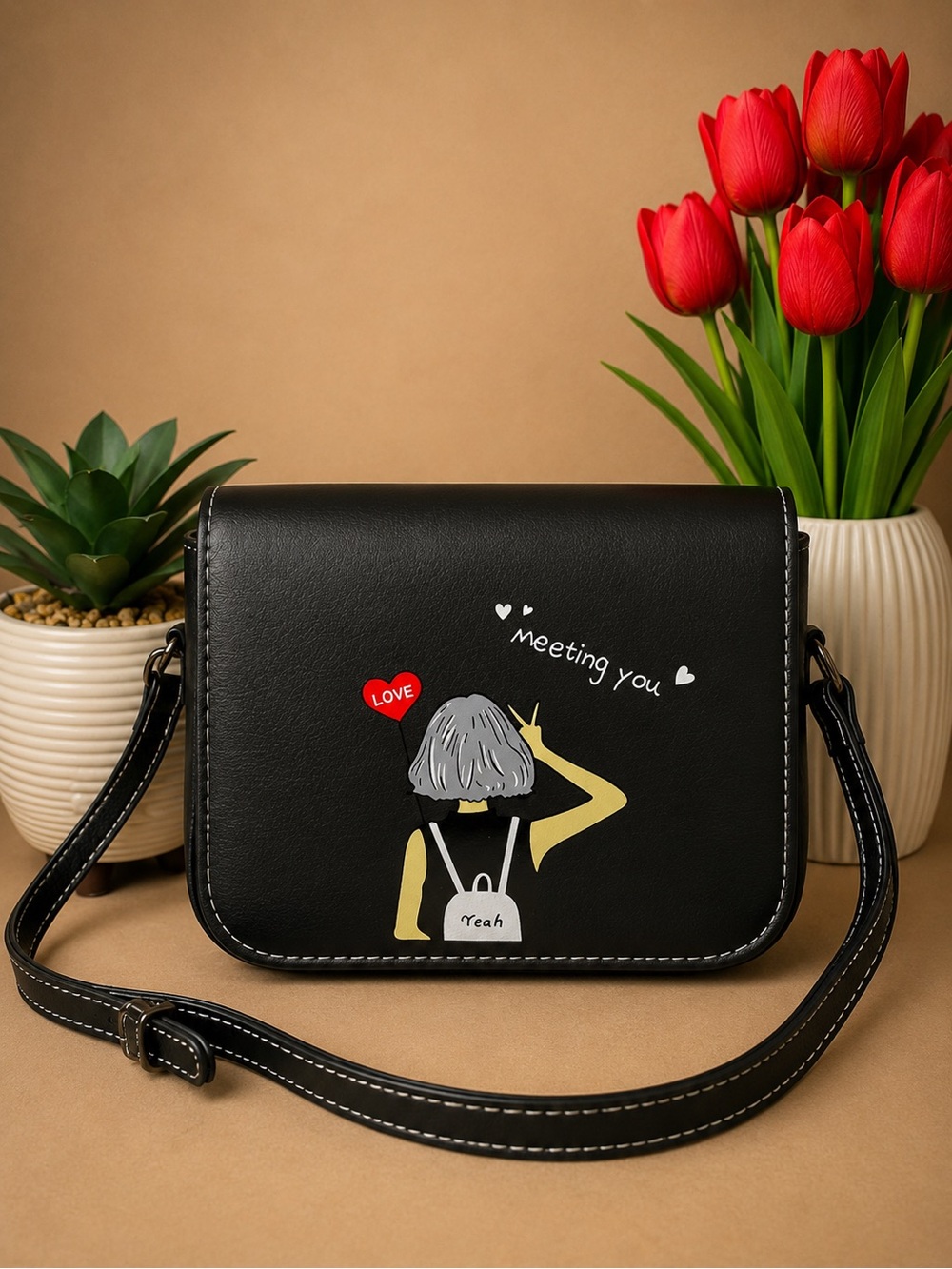 Black 'Meeting You' Graphic Crossbody Bag